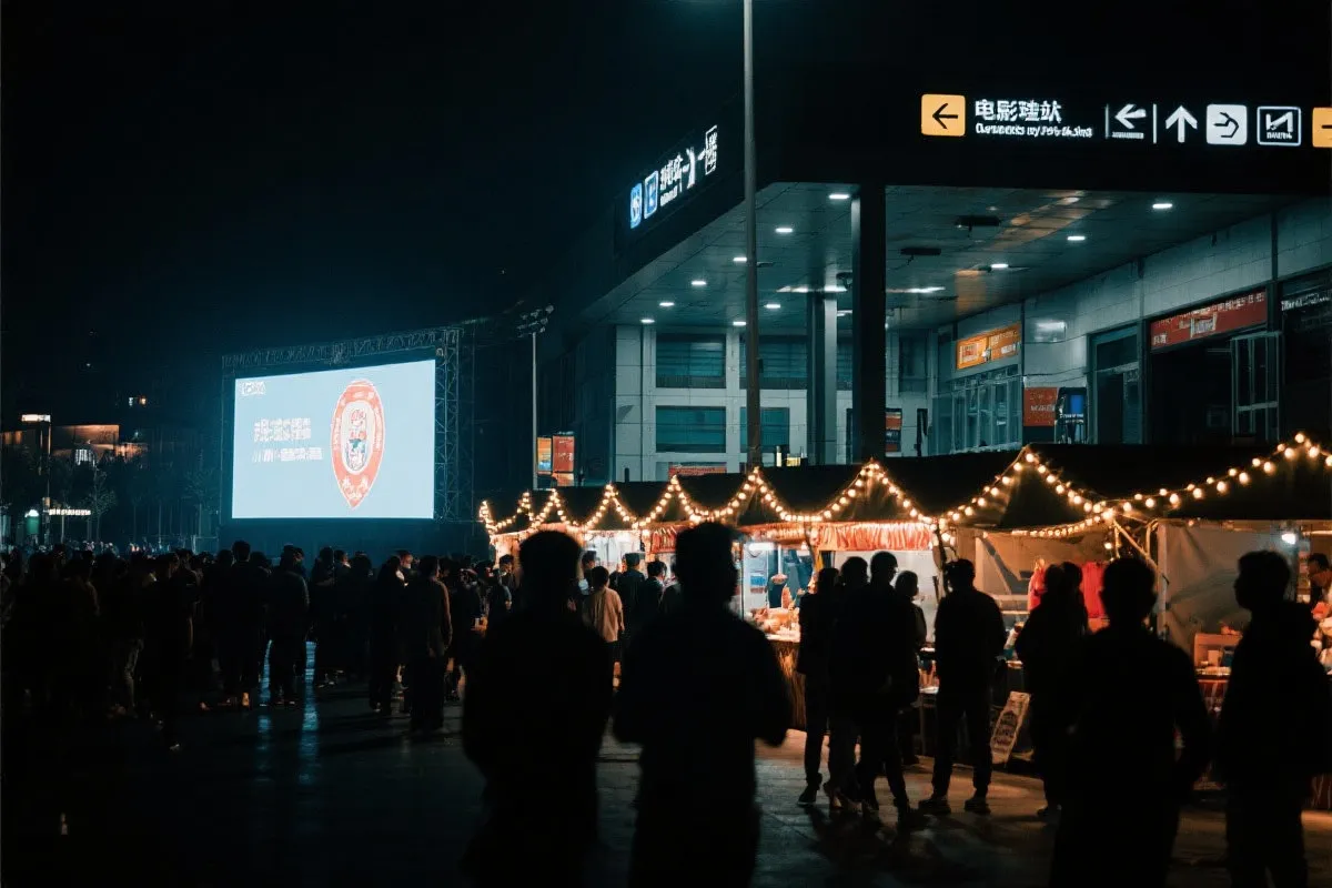 费城球迷广场夜景：大屏观赛人群、步行指示牌与公共交通入口